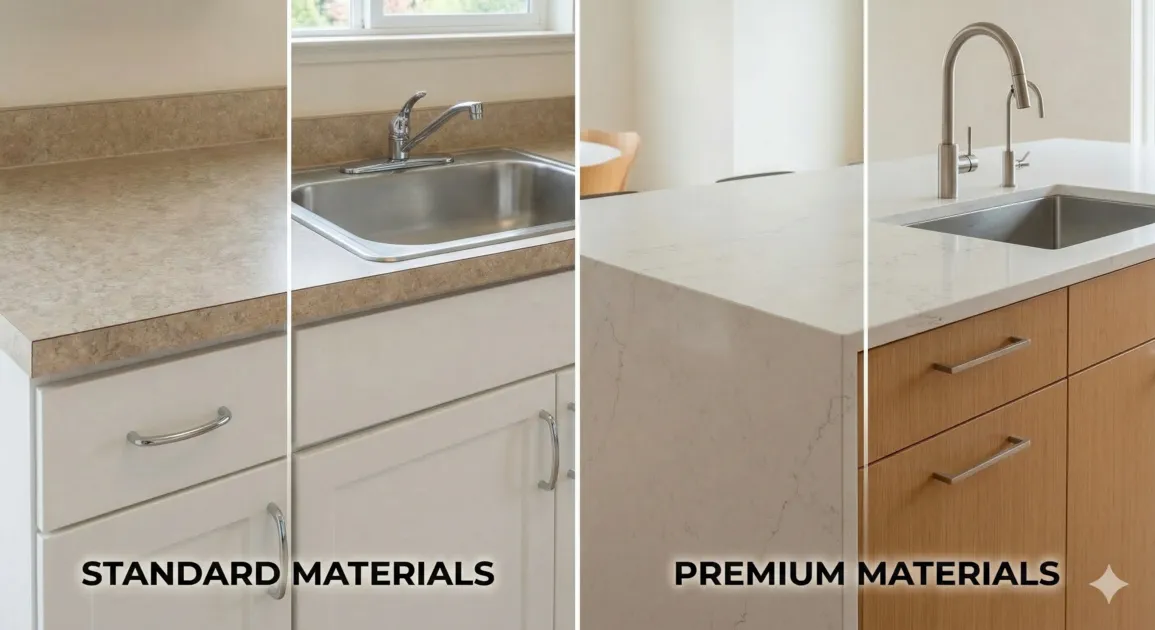 Side-by-side close-up showing the difference between standard laminate finishes and premium quartz and wood cabinetry.